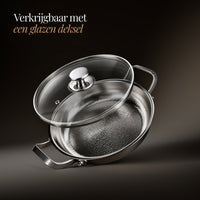Pan met een losse glazen deksel met metalen knop schuin erboven, tegen een donkere achtergrond met tekst in beeld. 3