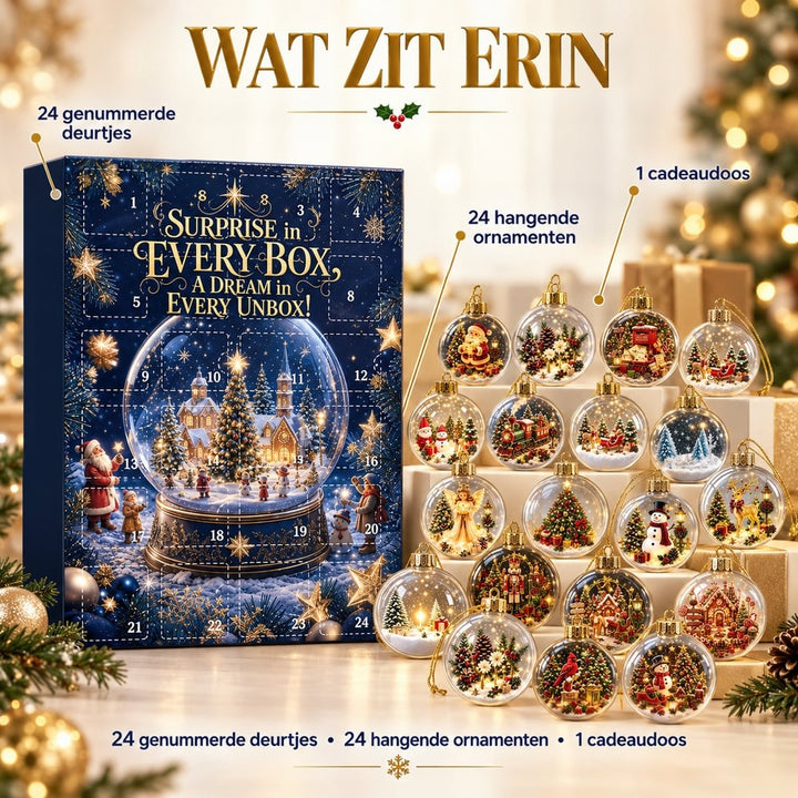 Overzicht van de inhoud: de adventskalender met 24 genummerde deurtjes en de bijbehorende 24 hangende kerstballen netjes 8