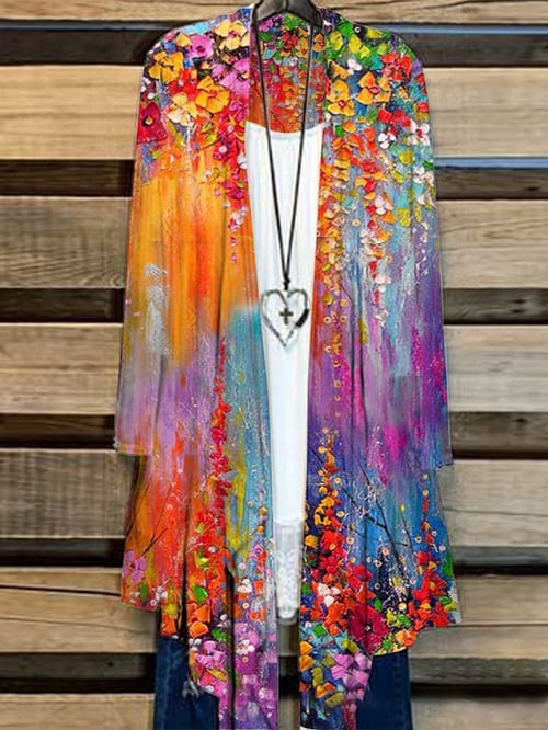 Langer Damenstrickmantel mit Blumenmuster – Liva