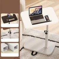 Witte laptoptafel met wit blad en witte voet op een hoogpolig kleed, met detailkaders van de stelknop en witte stalen buizen. 6