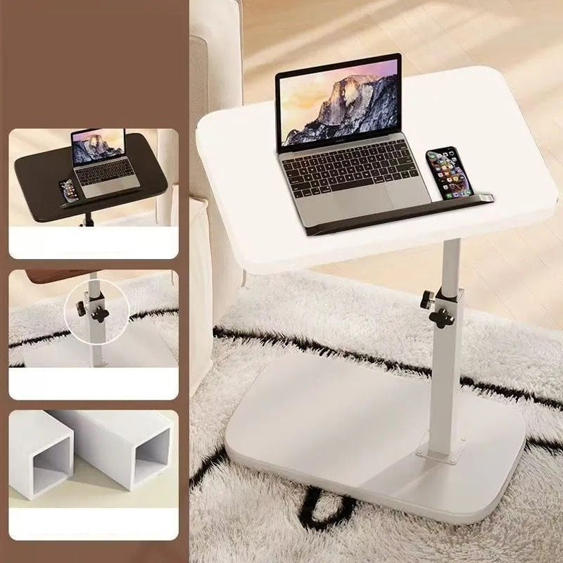 Witte laptoptafel met wit blad en witte voet op een hoogpolig kleed, met detailkaders van de stelknop en witte stalen buizen. 6