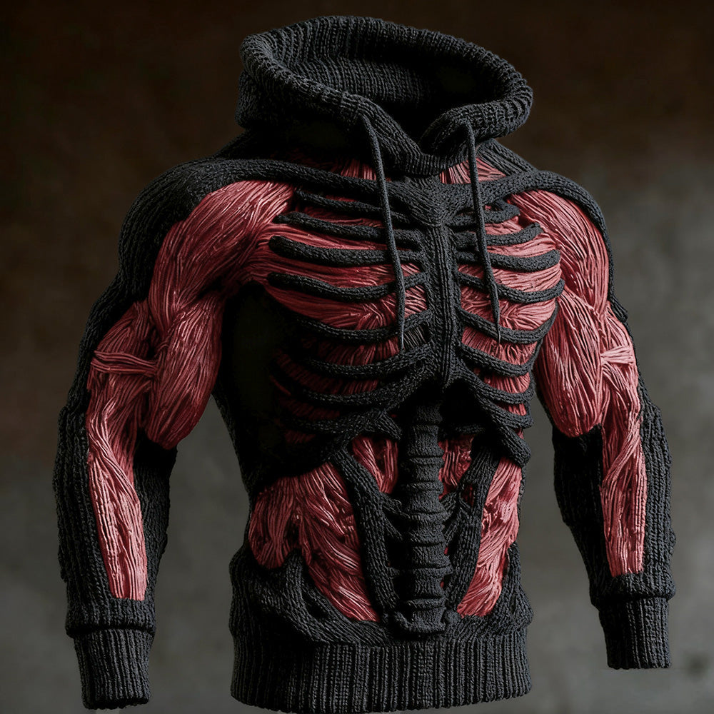 Zwarte gebreide hoodie met 3D-skelet in zwart garen en rode spiervezels op borst en armen, voorkant in driekwartaanzicht. 2