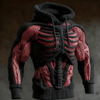 Zwarte gebreide hoodie met 3D-skelet in zwart garen en rode spiervezels op borst en armen, voorkant in driekwartaanzicht. 2