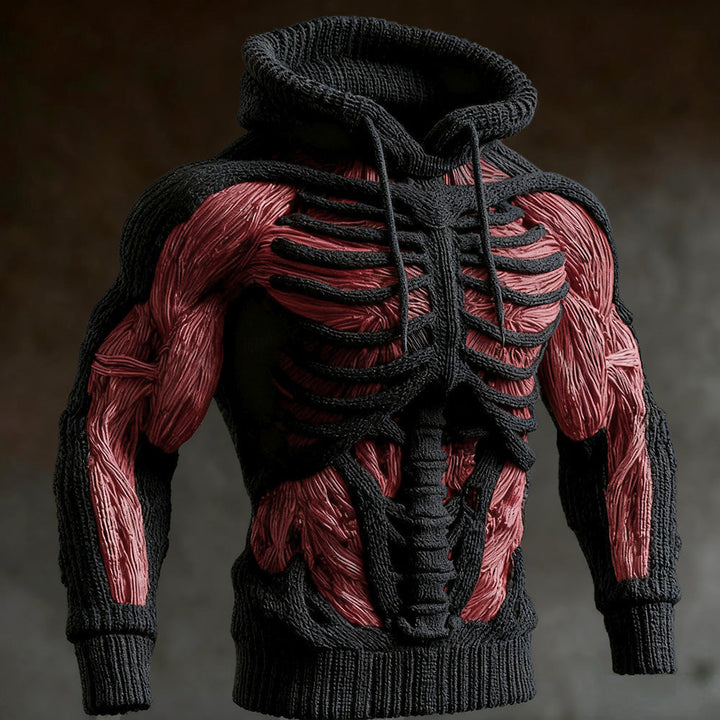 Zwarte gebreide hoodie met 3D-skelet in zwart garen en rode spiervezels op borst en armen, voorkant in driekwartaanzicht. 2