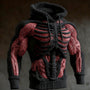 Zwarte gebreide hoodie met 3D-skelet in zwart garen en rode spiervezels op borst en armen, voorkant in driekwartaanzicht. 2