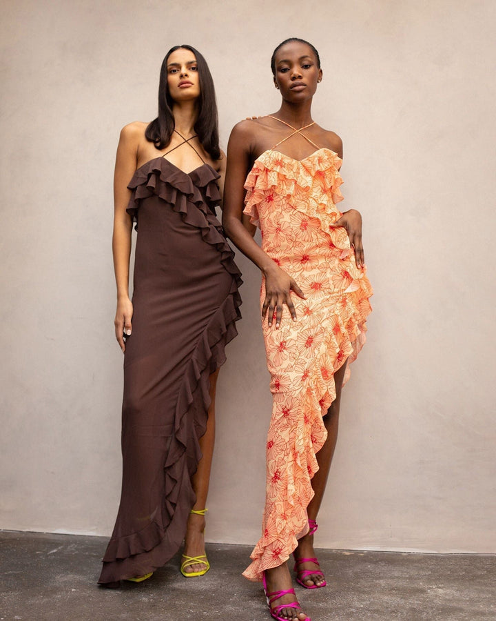 Chiffon Maxi-Kleid mit Rüschen und gekreuztem Ausschnitt – Elenna