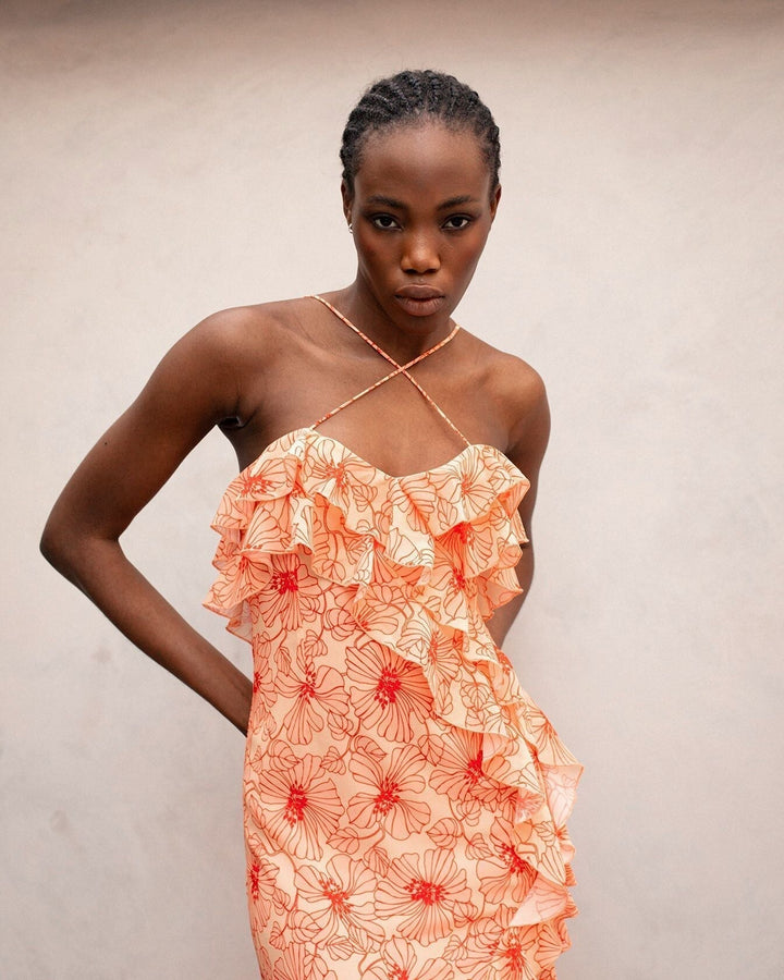 Chiffon Maxi-Kleid mit Rüschen und gekreuztem Ausschnitt – Elenna