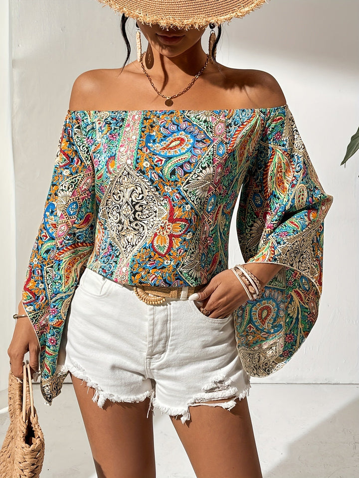 Blouse à épaules dénudées avec imprimé géométrique – Noémie
