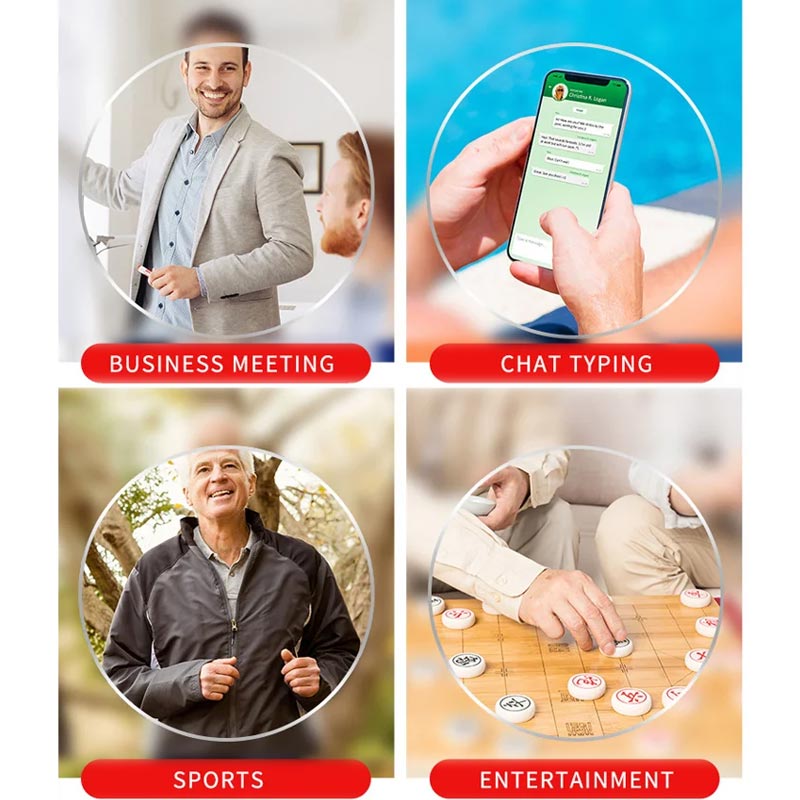 Vier situaties waarin de bril van pas komt: zakelijke bespreking, berichten typen op een telefoon, wandelen of sporten en een bordspel. 12