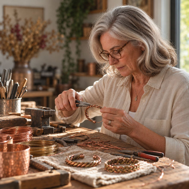 Vrouw met bril vlecht koperdraad tot een armband aan een werkbank vol koperdraad, gereedschap en gevlochten armbanden 5