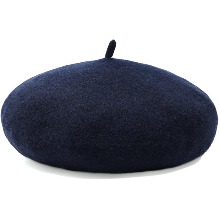 Wollen baret in donkerblauw met steeltje, vrijstaand op witte achtergrond 7