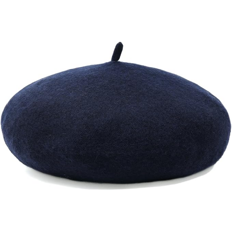 Wollen baret in donkerblauw met steeltje, vrijstaand op witte achtergrond 7