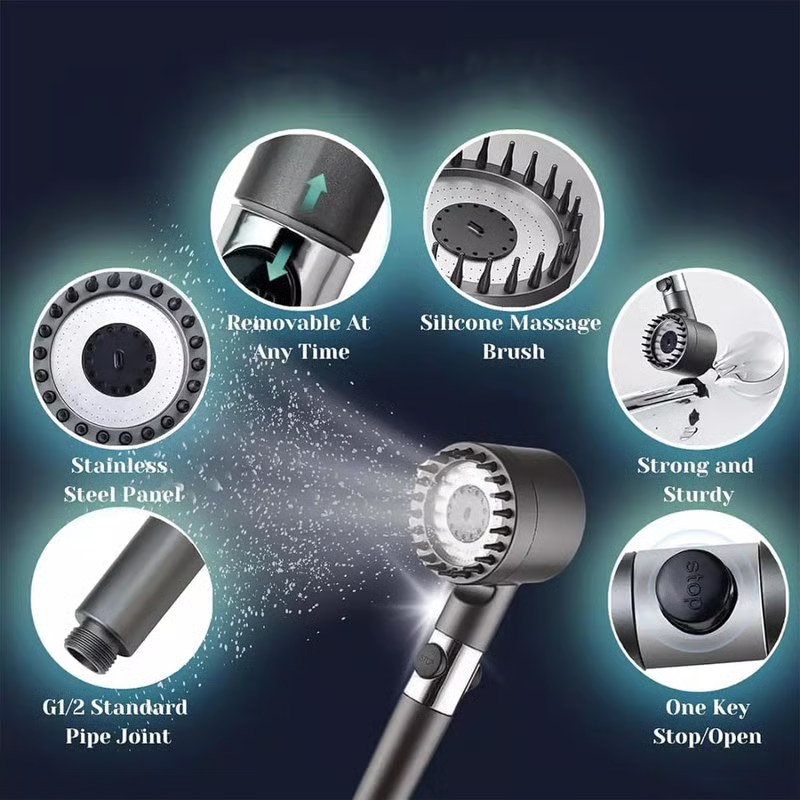 Collage met close-ups van de handdouche: afneembare kop, massageborstel van siliconen, metalen paneel, G1/2-aansluiting en stopknop, met waternevel ervoor. 4