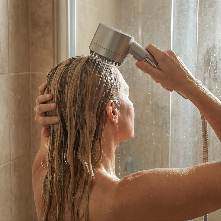 Vrouw met nat haar spoelt dit in de douche onder de handdouche, terwijl het water uit de zwarte noppen stroomt. 2