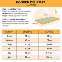 Maattabel met een schema van breedte en lengte en een overzicht van zes maten, van small tot 3XL. 9