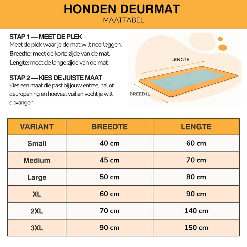 Maattabel met een schema van breedte en lengte en een overzicht van zes maten, van small tot 3XL. 9