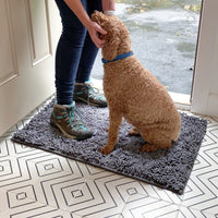 Persoon in wandelschoenen aait een zittende, krullige hond op de grijze mat bij de voordeur, tegen een regenachtig tuinpad. 11