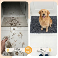 Voor-en-nabeeld: modderige pootafdrukken op een tegelvloer links, rechts een tevreden hond op de schone grijze mat. 6