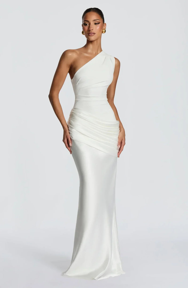 Sidonie One-Shoulder Draped Satin Maxi Dress 16