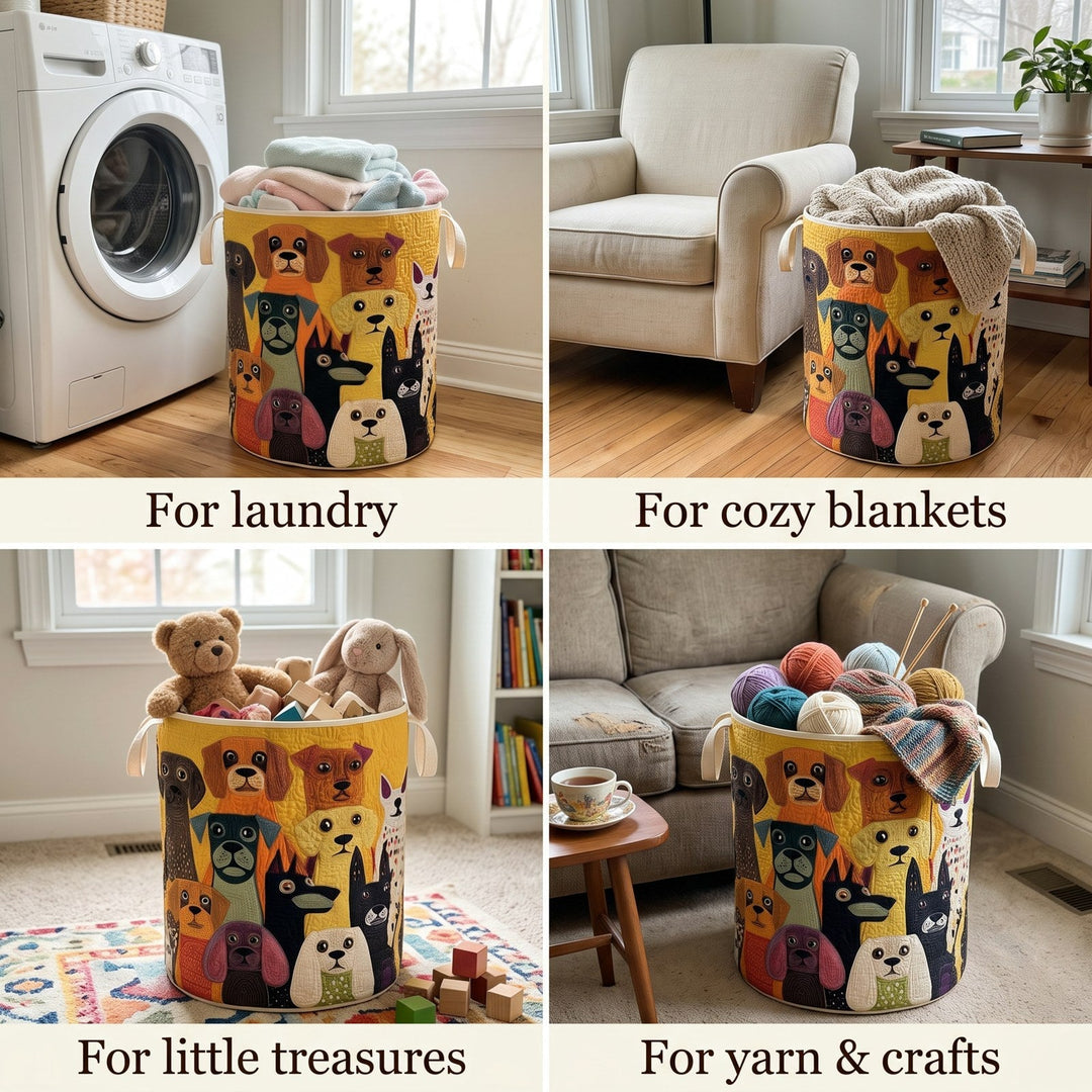 Vier foto's van de hondenmand in gebruik: voor wasgoed bij een wasmachine, dekens naast een fauteuil, speelgoed en garen en breiwerk. 2
