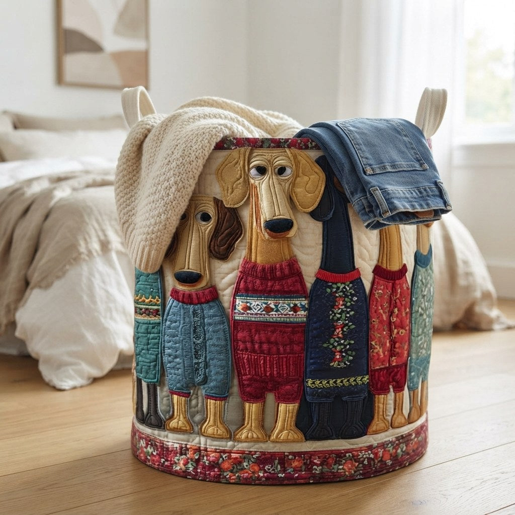 Mand in de slaapkamer, gevuld met een gebreide deken en een spijkerbroek die over de rand hangen 4