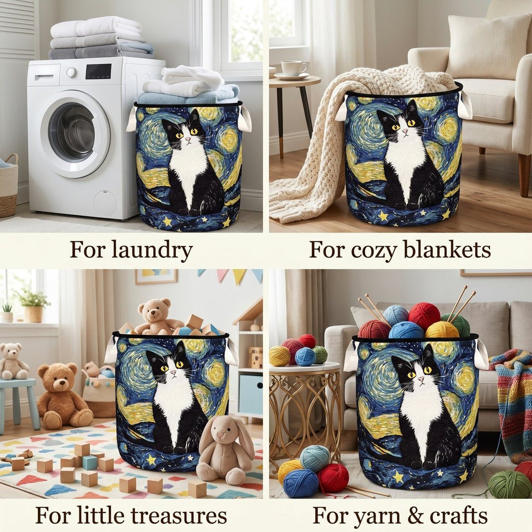 Collage van vier plaatjes met dezelfde kattenmand in gebruik voor wasgoed, dekens, speelgoed en wol, elk in een andere kamer. 2