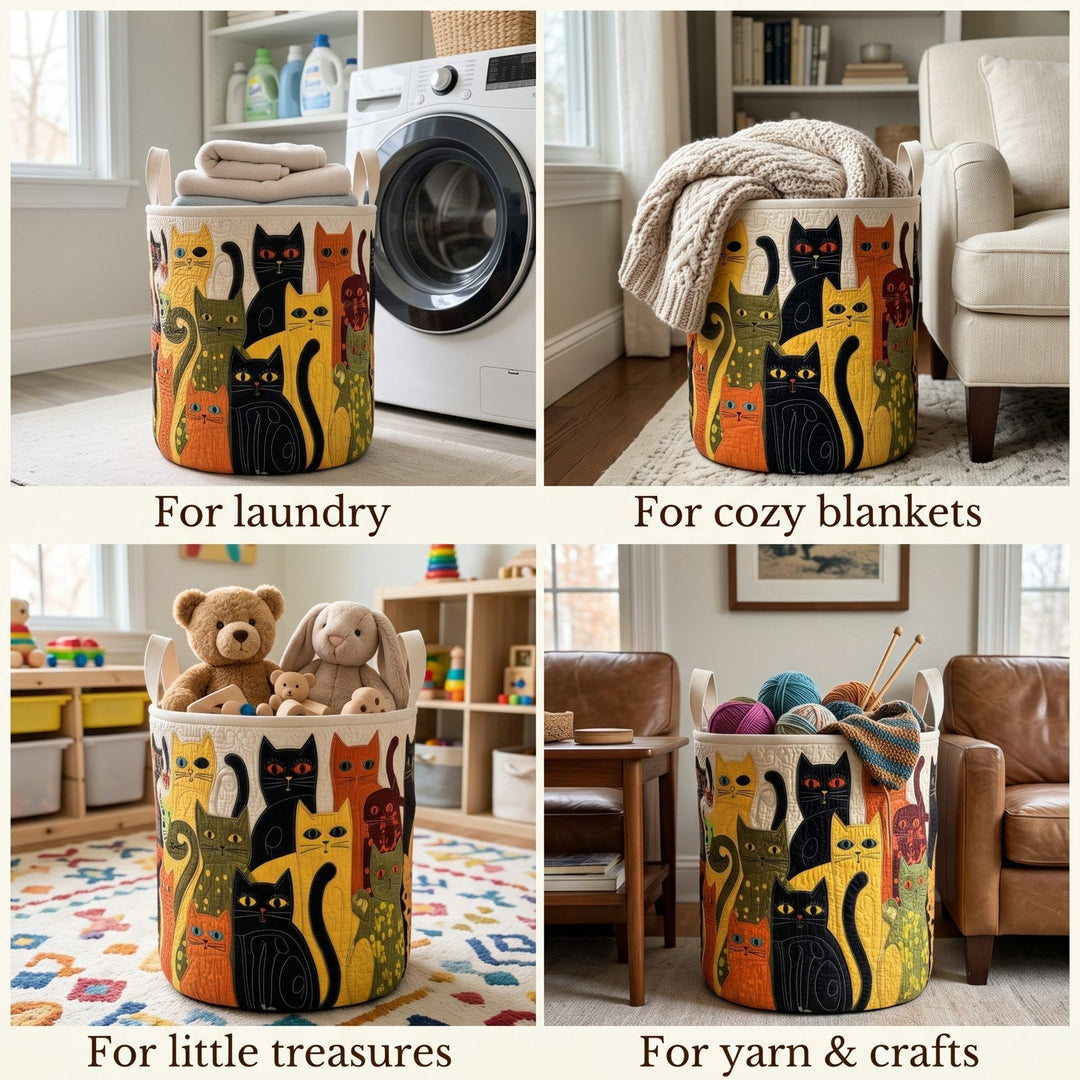 Collage van vier woonsituaties waarin de katten-mand dient voor wasgoed, plaids, speelgoed en garen met breinaalden. 2