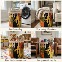 Collage van vier woonsituaties waarin de katten-mand dient voor wasgoed, plaids, speelgoed en garen met breinaalden. 2