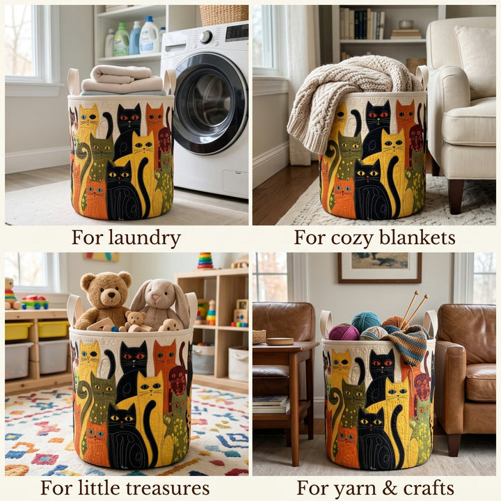 Collage van vier woonsituaties waarin de katten-mand dient voor wasgoed, plaids, speelgoed en garen met breinaalden. 2