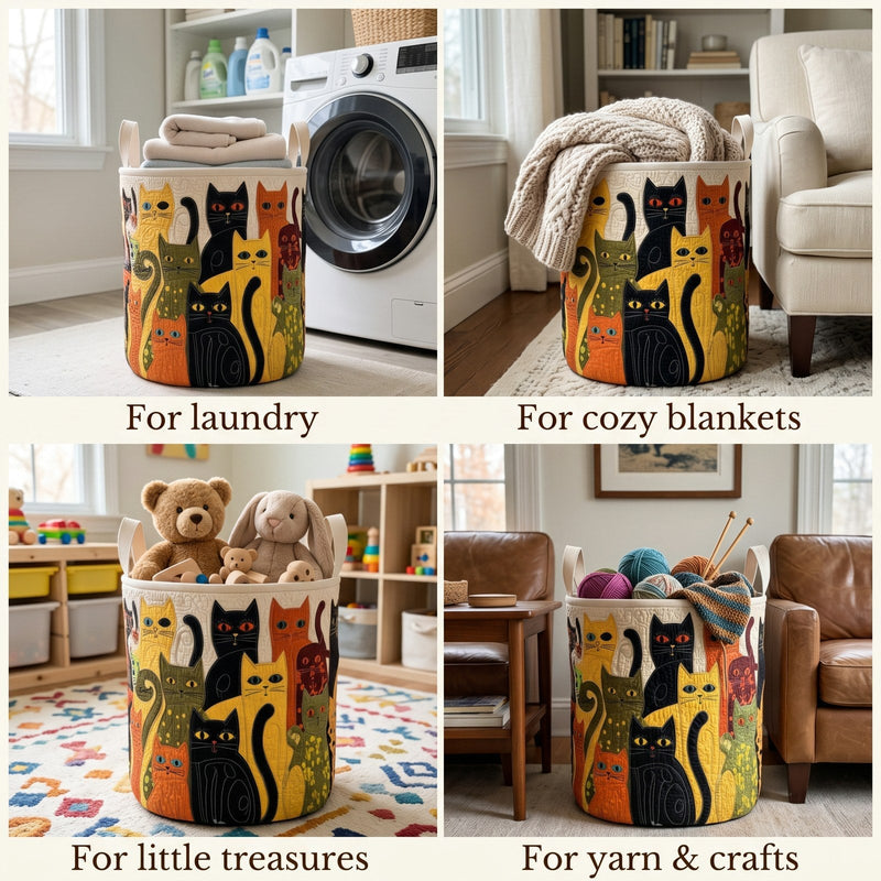 Collage van vier woonsituaties waarin de katten-mand dient voor wasgoed, plaids, speelgoed en garen met breinaalden. 2