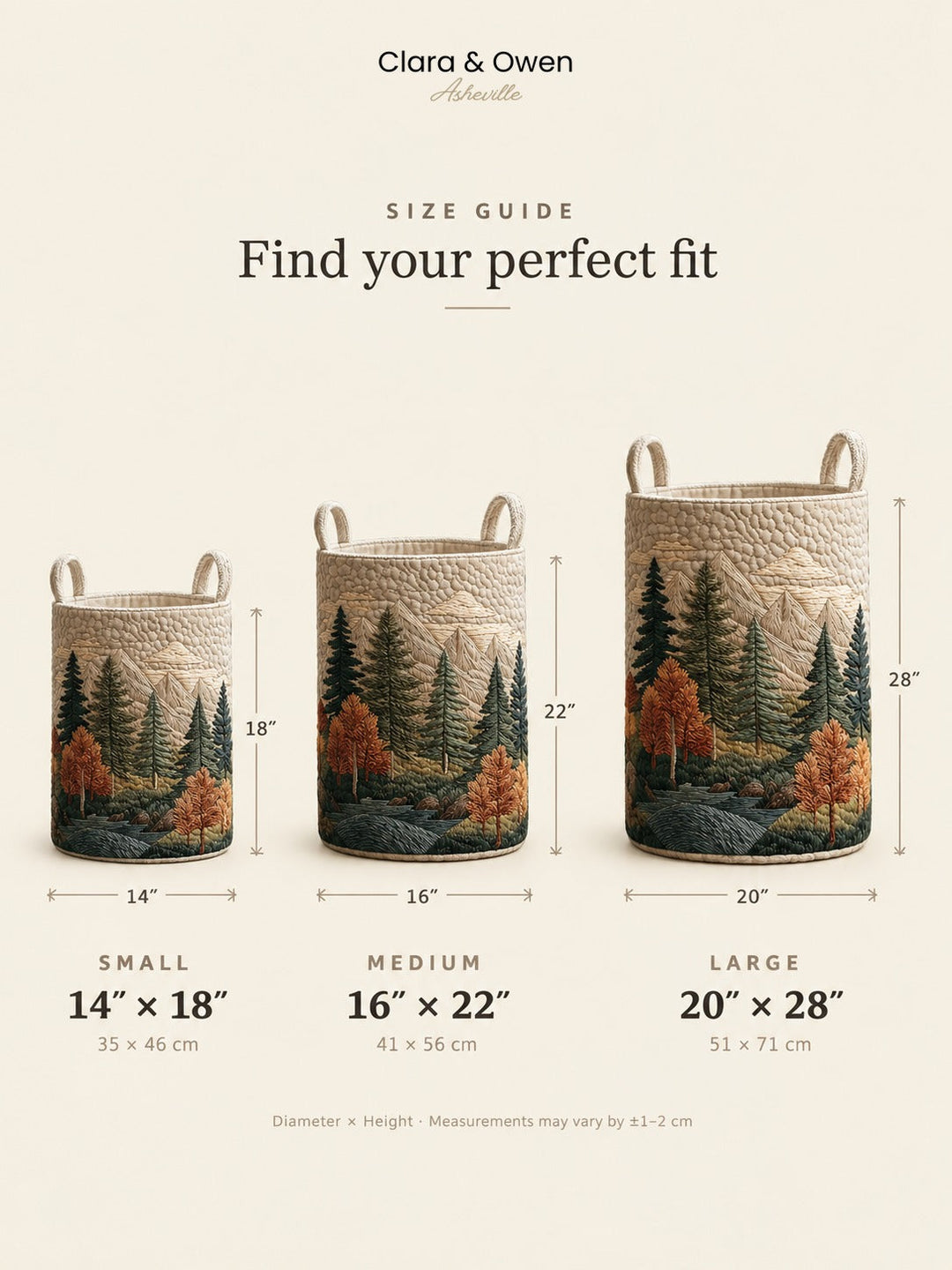 Maatgids met drie bosprintmanden van klein tot groot, met afmetingen in inches en centimeters. 14