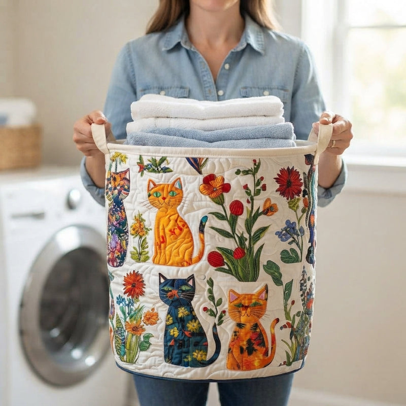 Vrouw in spijkerblouse draagt de mand aan beide handvatten, gevuld met opgevouwen handdoeken, voor een wasmachine. 3