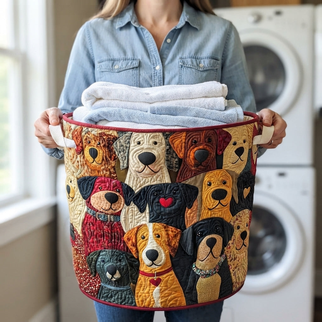 Vrouw in spijkerblouse draagt de mand met hondenpatchwork aan de hengsels, gevuld met opgevouwen handdoeken, in een wasruimte. 3