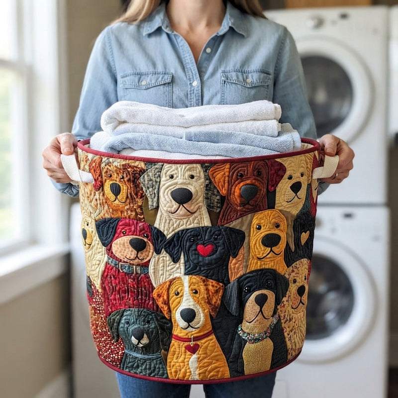 Vrouw in spijkerblouse draagt de mand met hondenpatchwork aan de hengsels, gevuld met opgevouwen handdoeken, in een wasruimte. 3