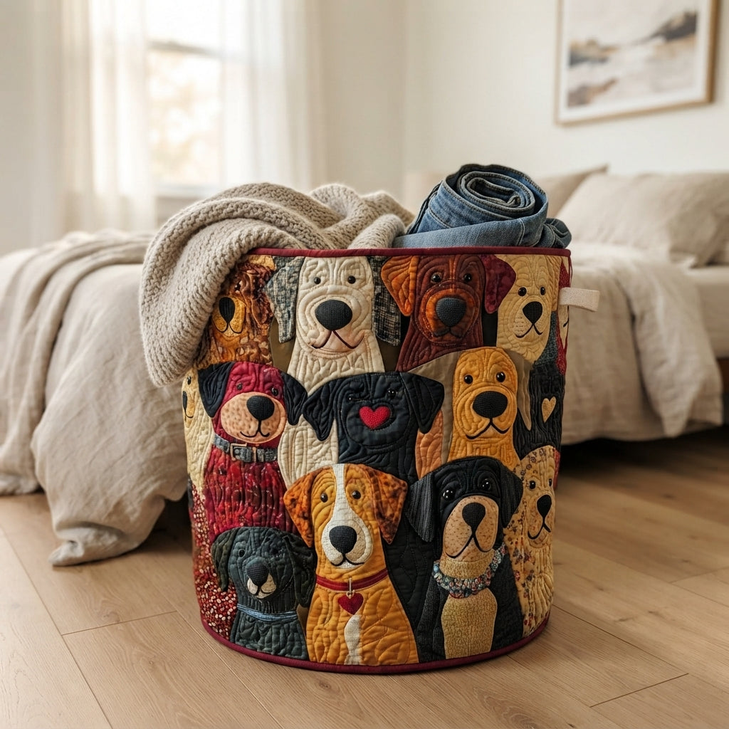 Mand met hondenpatchwork staat op een houten vloer naast een bed, met een gebreide deken en opgerolde spijkerbroek erin. 4