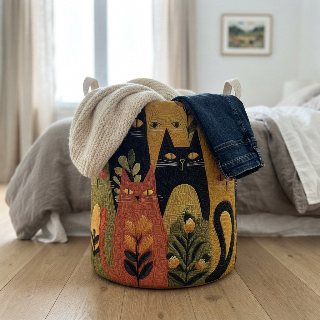 Kattenmand met brede opening, gevuld met een gebreide trui en een spijkerbroek, op een houten vloer naast een bed. 4