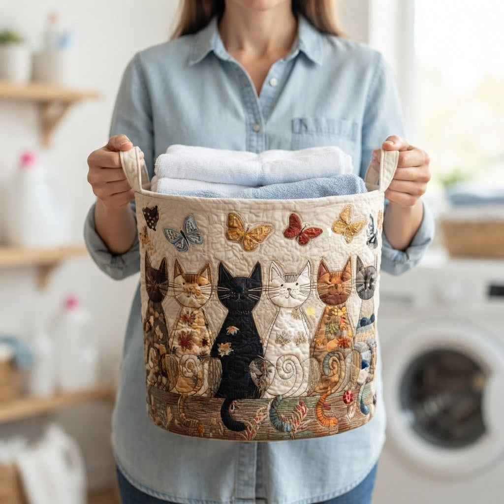 Vrouw in een spijkerblouse houdt de mand aan beide handgrepen vast, gevuld met opgevouwen witte en blauwe handdoeken in een wasruimte. 3