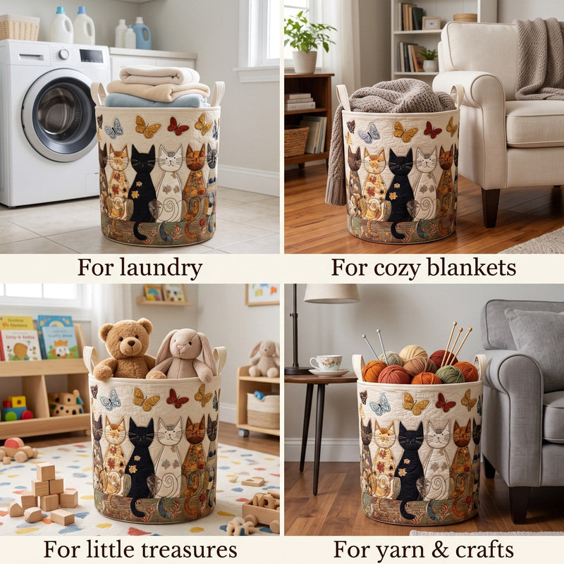 Collage van vier plaatsen waar de kattenmand gebruikt wordt: met handdoeken bij de wasmachine, met een deken, met knuffels en met wol. 2