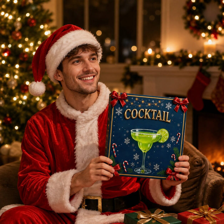 Lachende man in kerstmanpak houdt de doos vast, bij een open haard en cadeaus 3