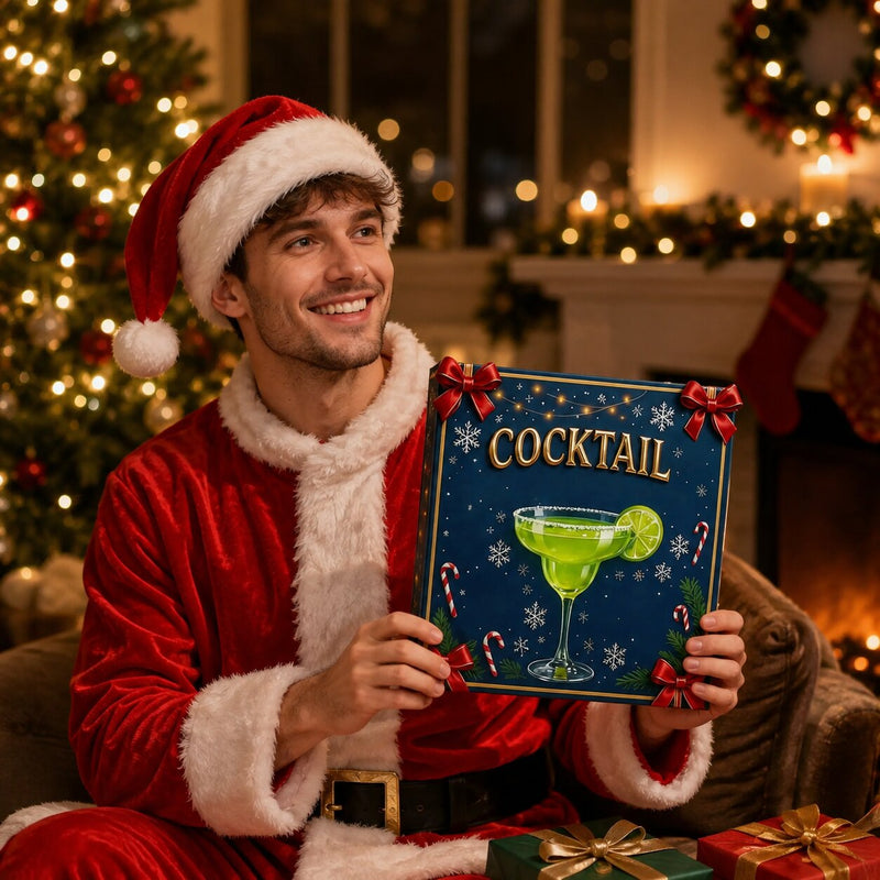 Lachende man in kerstmanpak houdt de doos vast, bij een open haard en cadeaus 3