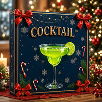 Voorkant van de blauwe doos met rode strikken, sneeuwvlokken, zuurstokken en een limoencocktail 5