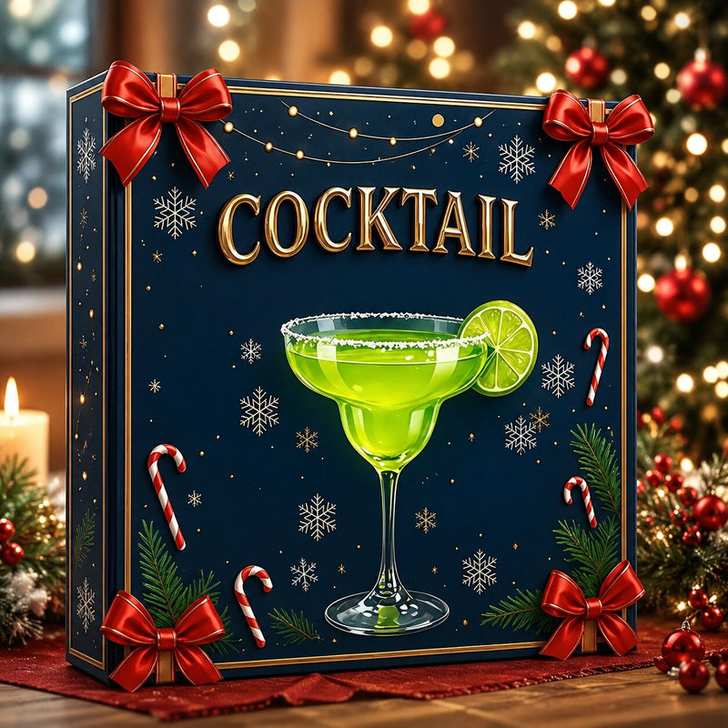 Voorkant van de blauwe doos met rode strikken, sneeuwvlokken, zuurstokken en een limoencocktail 5
