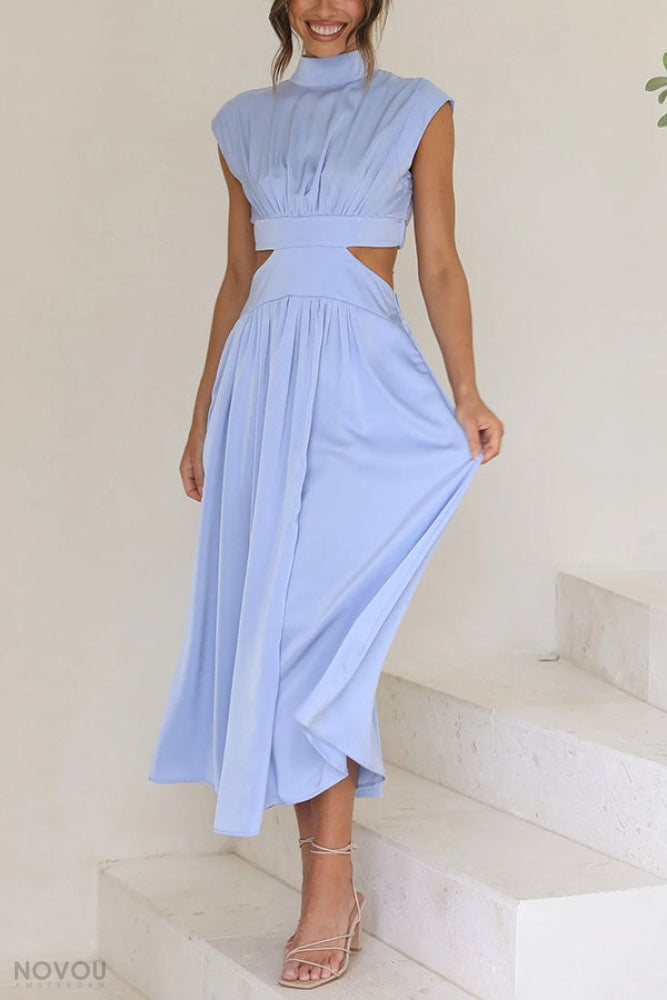 Trendy Midi Zomerjurk met Col en Taille Uitsparing – Avelina