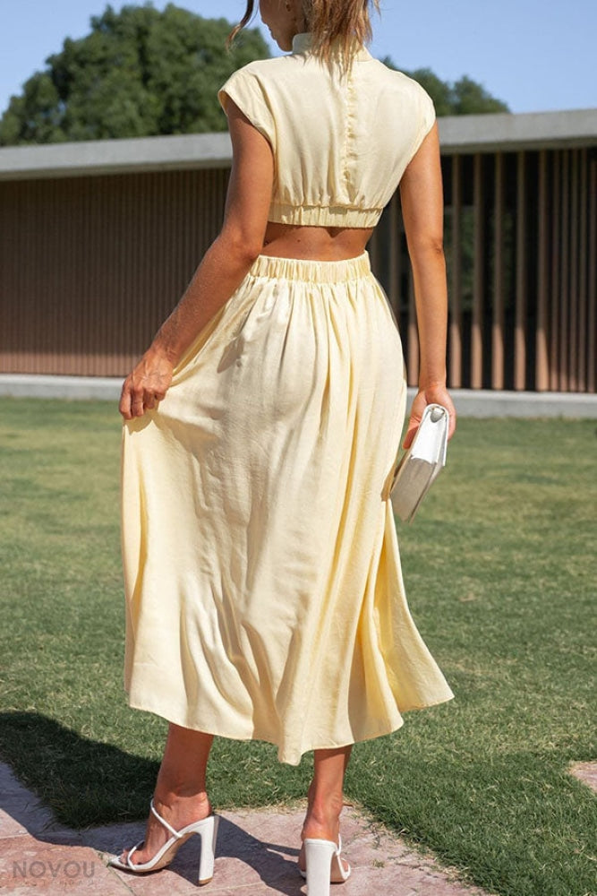 Trendy Midi Zomerjurk met Col en Taille Uitsparing – Avelina