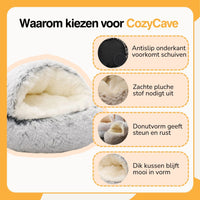 Infographic met het grijze grotbed en vier uitsneden die antislip onderkant, pluche stof, donutvorm en dik kussen tonen. 5