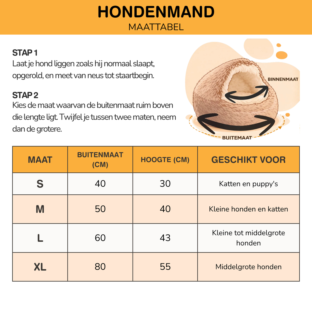 Maattabel voor het bed met uitleg hoe je je hond meet en de maten S, M, L en XL met afmetingen. 11