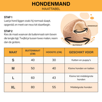 Maattabel voor het bed met uitleg hoe je je hond meet en de maten S, M, L en XL met afmetingen. 11