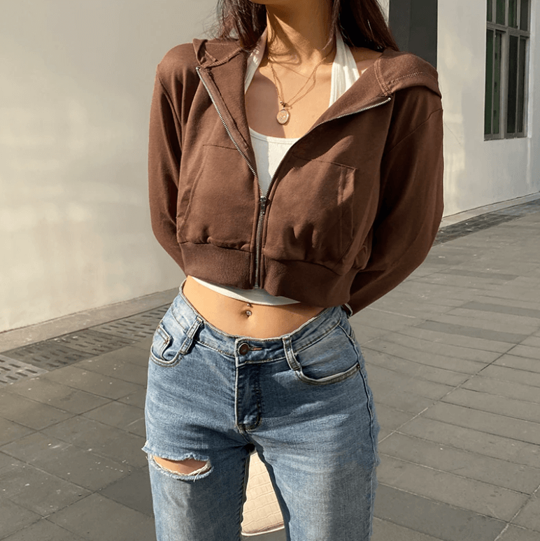 Trendiger figurbetonter Damen Cropped Zip-up Hoodie mit Kapuze - Alina