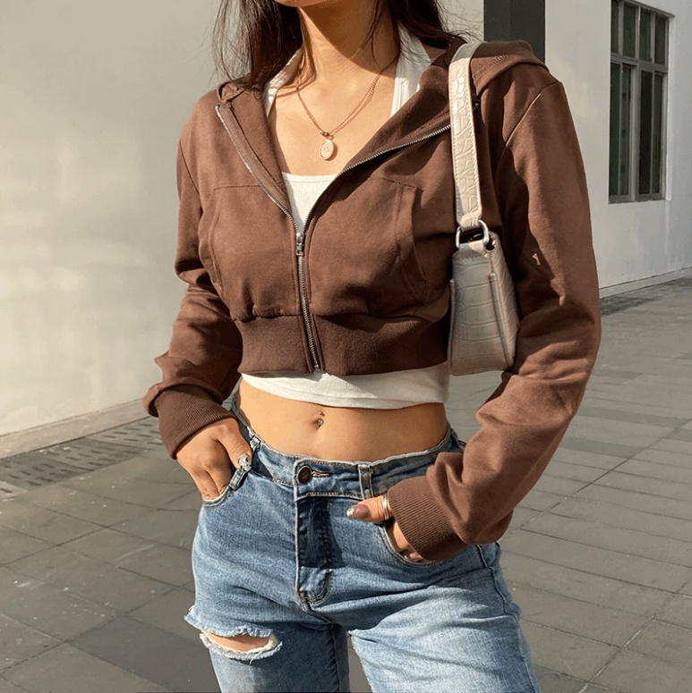 Trendiger figurbetonter Damen Cropped Zip-up Hoodie mit Kapuze - Alina