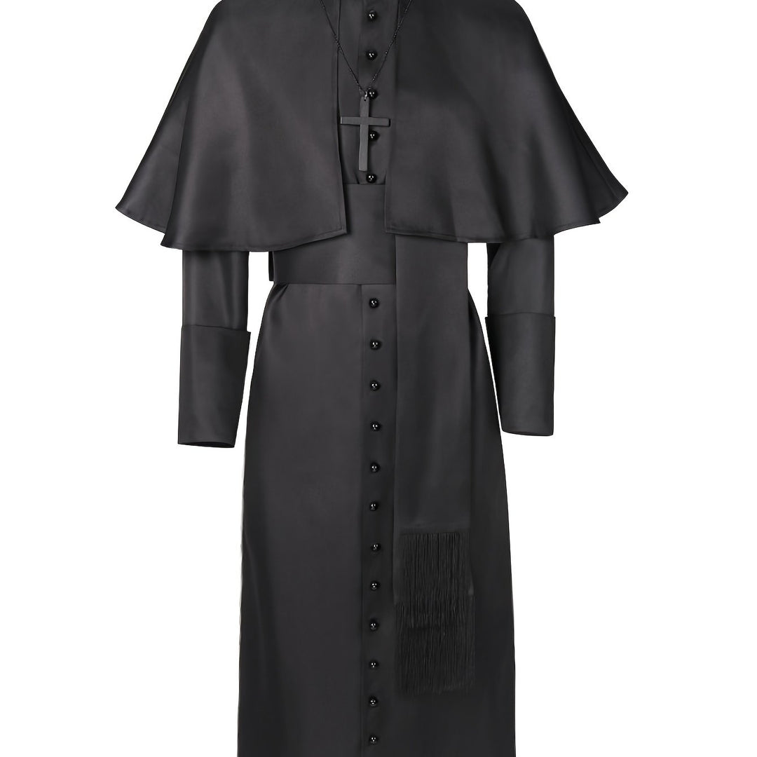Zwart priesterkostuum van voren met cape, kruishanger, rij zwarte knopen en sjerp met franjes 6